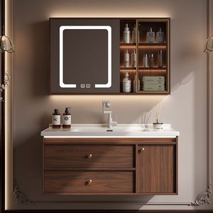 Mueble de baño de cerámica gruesa de estilo antiguo color nogal con doble cajón integrado - Product Image 1