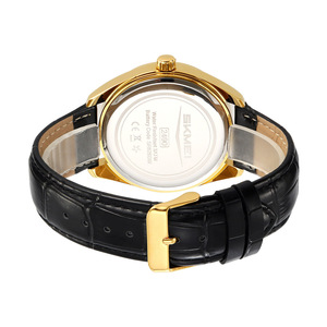 Skmei Men's Quartz Watch Gold Dial Black Leather Strap 30M Waterproof Analog Calendar Business Fashion Watch - Product Image 3