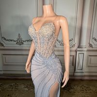 Luxuriöses Paillettenbesetztes Bodycon Bodenlange Abendkleider für Bühnentanz und Formelle Anlässe Weiße Hochzeits-Strass-Kleider mit Hohem Schlitz