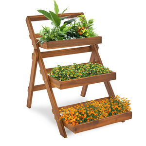 Support à plantes pliable en bois d'acacia Db à 3 niveaux, design rustique pour une utilisation en intérieur, en extérieur et au jardin - Product Image 3