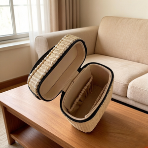 Nouvelle Trousse de Maquillage en Raphia Tressé avec Bordure en Cuir, Style Designer de Luxe, Organisateur de Maquillage en Paille pour Femme, Voyage et Plage - Product Image 2
