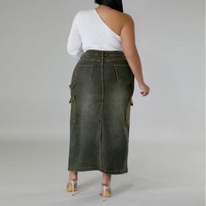 Jupe midi décontractée en jean délavé à fente décorative et bretelles pour femme grande taille, vente directe usine transfrontalière - Product Image 4