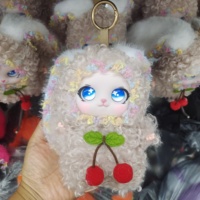 Porte-clés en peluche de lapin à poils bouclés, léger, style dessin animé, avec grandes oreilles et pendentif de sac en dentelle