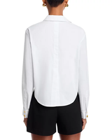 Chemisier blanc en coton pour femme, col rabattu, manches longues, coupe courte, avec boutons dorés, idéal pour le bureau et les tenues décontractées