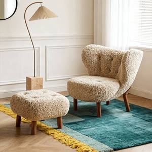 Sofá Minimalista Nórdico Moderno, Silla de Tela Bouclé Color Crema Blanco, Silla de Lana de Cordero, Silla de Salón, Sofá Individual, Silla Relajante con Taburete - Product Image 2