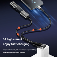 Câble de charge rapide Doonjiey Type-C/USB 2-en-1 en nylon tressé à angle droit, conception coudée rétractable, 66W pour téléphone portable et ordinateur