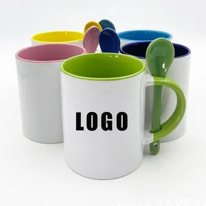 Promotional Gifts Custom Company Name Printed sublimation Ceramic White Coffee Mug Tea Cups With Spoon