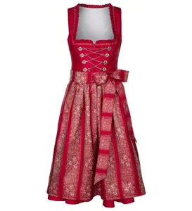 Elegan Merah Dicetak Bernapas Kustom Dirndl Dress untuk Wanita/Oktoberfest Dirndl Dress/Bahasa Jerman Bordir Dirndl Dress