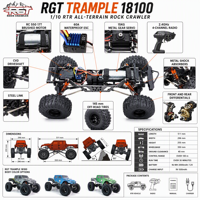 شاحنة RGT 18100 1/10 RC الزاحفة للطرق الوعرة 4x4 جاهزة للتشغيل (RTR) بقاعدة عجلات 350 مم، مع وحدة تحكم السرعة الإلكترونية (ESC) من Hobbywing بقوة 60 أمبير، وسيرفو معدني بقوة 15 كجم، وارتفاع عالي، مناسبة لهواة القيادة.