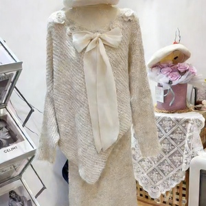 Women's Bow Tie 3D Floral Knit Sweater Loose-fit <b>Sequin</b> Knit <b>Top</b> Fashion - Product Image 2