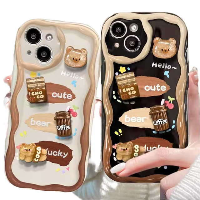 AilesTecca Cute Lucky Cartoon Coffee Bear Soft TPU All-Inclusive Shockproof Phone Case for iPhone 16 Pro Max 14 13 12 11 Pro