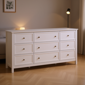 Cómoda de Madera Blanca con 9 Cajones, Diseño Retro Minimalista, Dispositivo Antivuelco, Organizador de Almacenamiento para Sala de Estar y Dormitorio - Product Image 2