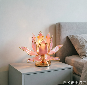 ピンクガラス蓮の花テーブルランプゴールドフレームモダン<span class=keywords><strong>LED</strong></span>ウォームホワイトベッドサイドナイトライトクリエイティブ禅装飾デスクランプ - Product Image 2