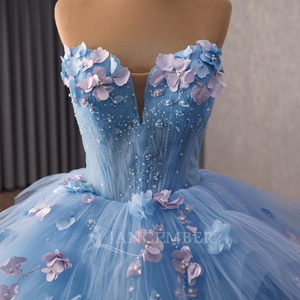 251123 Magnifiques robes de soirée bleues pour femmes, avec fleurs appliquées, style Sweetheart - Product Image 4