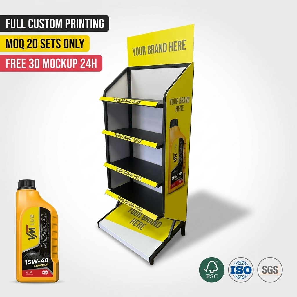 Wholesale Heavy Duty Metal Motor Oil Display Rack 4 Tier Lubricant Engine Oil Stand Automotive Lube Station Merchandiser Fixture