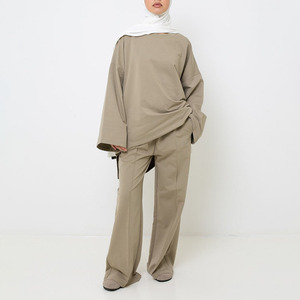 Nouvel ensemble modeste en coton surdimensionné 2026 – Haut à épaules tombantes et manches larges et pantalon large à coutures apparentes pour femme – Tenue décontractée personnalisable - Product Image 1