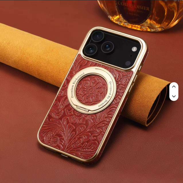Vintage Genuine Leather Phone Case for IPhone17promax 16pro Electroplated Flower Magnetic Gear Stand Shockproof Protective Cover