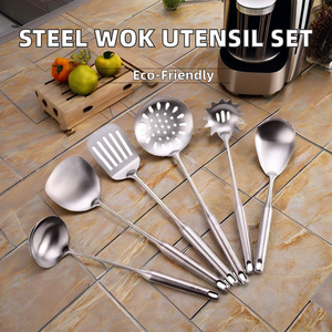 طقم أدوات مطبخ أنيق من الفولاذ المقاوم للصدأ 304، آمن للغسل في غسالة الأطباق، يشمل مغرفة ووك وملعقة تقليب معدنية عالية الجودة - Product Image 4