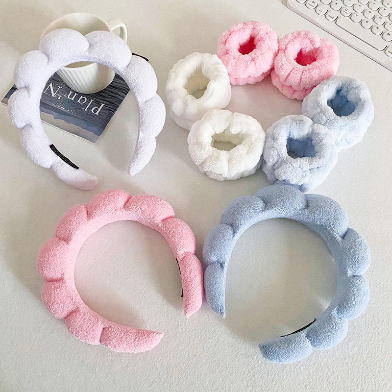 Custom Terry Towel Cloth Spa Wrist Washband Face Wash Set Puffy Sponge Makeup Elastic Hairband Non Slip Padded Soft Headband