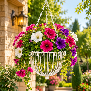 Panier suspendu vintage en métal blanc avec cadre en fil métallique décoratif courbé et suspension à chaîne, support de pot de fleurs ornemental - Product Image 1