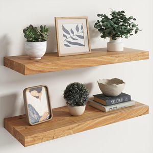 Étagères flottantes en bois d'orme massif à bords naturels, style rustique, avec <span class=keywords><strong>support</strong></span> <span class=keywords><strong>invisible</strong></span>, à fixer au mur pour rangement et présentation dans la chambre - Product Image 1