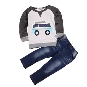 Nouvel arrivage de vêtements en coton pour jeunes garçons, tenue de dessin animé, costume à manches longues, Jeans pour enfants, ensemble deux pièces, Design imprimé, vente en gros