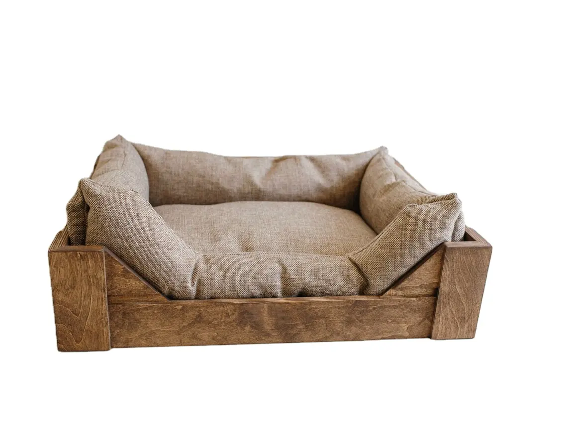 Cama de cachorro ou gato com colchão removível, conjunto com 3 camas de madeira feitas à mão, cama de papelão para animais de estimação, acessórios sustentáveis