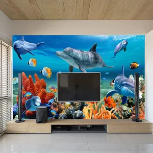 Komnni วอลเปเปอร์ติดผนัง3D ตามสั่งสำหรับเด็กวอลเปเปอร์ติดผนังรูปปลาปลาโลมาใต้น้ำผนังห้องน้ำห้องเครื่องนอนสำหรับเด็ก