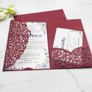 Carte d'invitation coupe Laser pour <span class=keywords><strong>mariage</strong></span>, carton de vœux avec invités triple pli couleur bordeaux, 1 pièce, pour décoration de fête d'anniversaire, nouvelle collection - Product Image 5