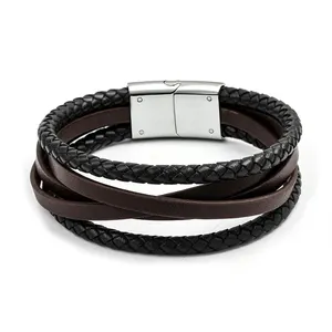 Multi-layers leather accessories product for man metal black&brown leather braid bracelet with clasp