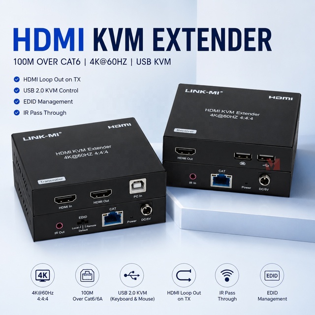 4K 100M/65M HDMI+USB KVM Extender Over Cat5e/6/6A with HDMI Loop Out HDCP 2.2/1.4 Compliant Support EDID IR