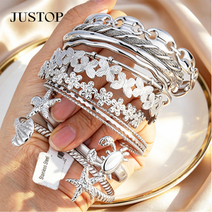 JUSTOP stainless steel Bohemia Bangle Set Women's Fashion Jewelry <b>Bracelets</b> Starfish Flower Pattern Alloy Bangles - Product Image 4