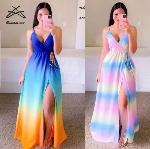 New Casual Sling Solid Skirt Blue Chiffon Dress V neck colorful floral-print boho dress