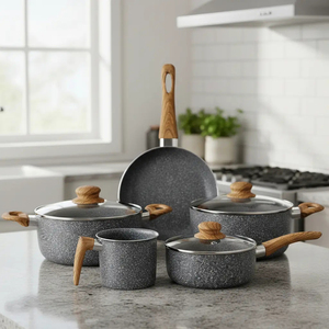 High Quality Ceramic Marble Coated <b>Pot</b> Pan Glass Lids Wooden Soft touch Handles Non Stick 8-Piece Aluminium Cookware <b>Set</b> - Product Image 5