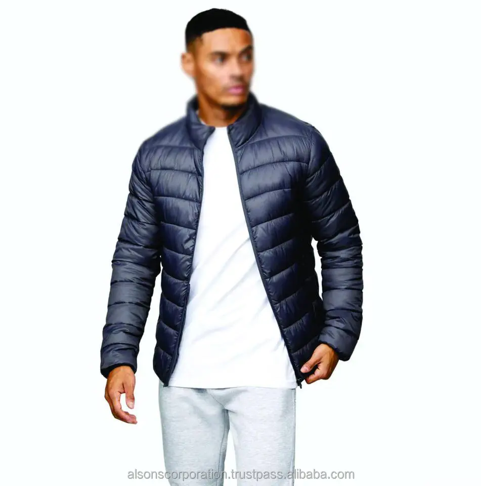 Ropa de calle de moda de marca personalizada 100% poliéster ligero acolchado con cremallera completa puños grises para hombre chaquetas acolchadas Packaway