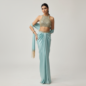 Conjunto de Saree de Satén Bordado Premium para Mujer, Tela de Secado Rápido, Atuendo Étnico para Fiestas en Todas las Estaciones, India y Pakistán, Corte Regular - Product Image 1