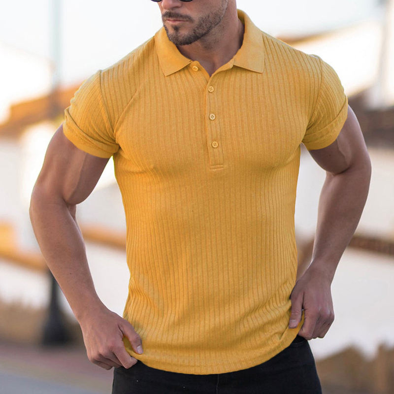 Yellow Mens knit button up business shirt workout tees