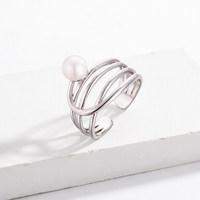 Cincin Mutiara Perak Sterling QX 925 Berlapis Emas dengan Desain Kawat Terbuka Multi Strand Grosir Kustom Terukir