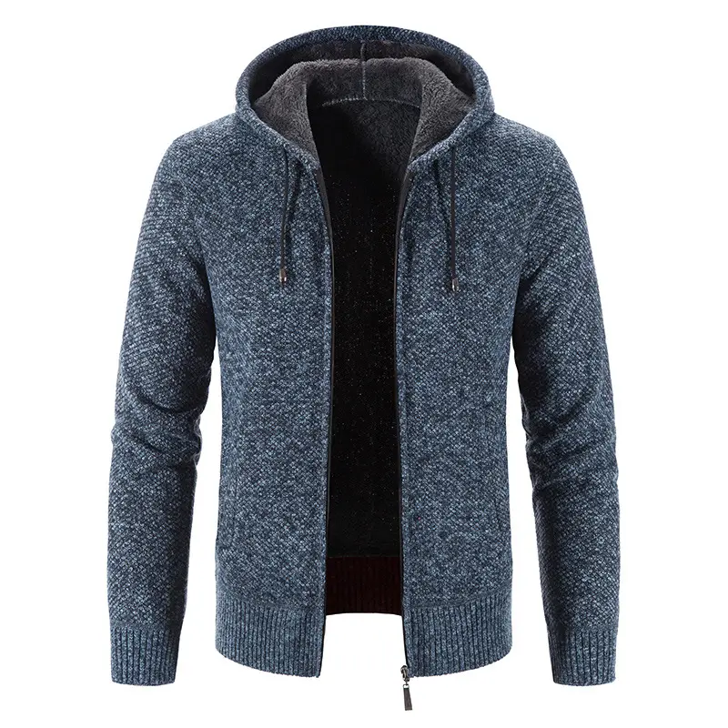 Wholesale customized fall winter solid color thick knitted sweater top jacket zipper sweater hooded men's cardigan