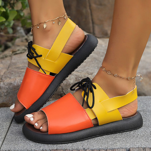 Women Summer New Color <b>Block</b> Thick Sole Beach Sandals Lace-up Casual Large Sports Style Sandals Wholesale - Product Image 1