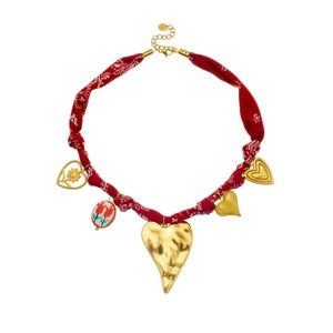 Fashion Bohemian Fabric Scarf Heart Pendant Jewelry <b>Set</b> Women's Zinc Alloy Red Patterned Necklace <b>Bracelet</b> <b>Set</b> - Product Image 5