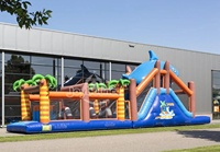 Parcours d'obstacles gonflable durable en forme de requin de 17 m, château gonflable commercial pour enfants et adultes, location pour fêtes en plein air