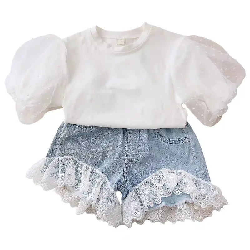 3-8 Jaar Zomer Meisjes Kleding Sets Peuter Zoete Bladerdeeg Mouwen T-shirts Kant Denim Shorts 2 Stuks Sets