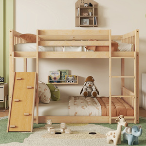 Cama litera infantil de madera maciza con tobogán y función de escalada color trigo N051 Muebles de dormitorio para niños - Product Image 2