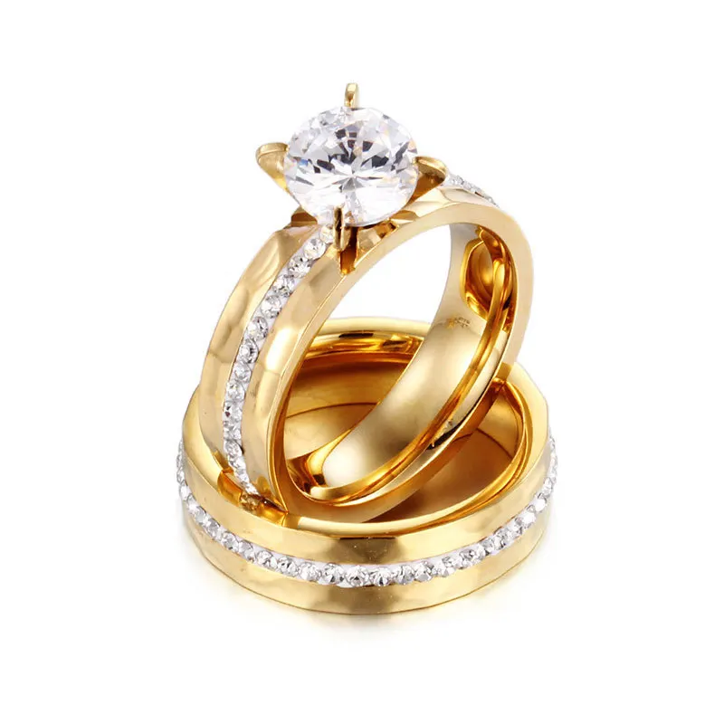 도매 핫 세일 18K 골드 스테인레스 스틸 다이아몬드 지르콘 커플 약속 반지 결혼 손가락 반지 여자 남자