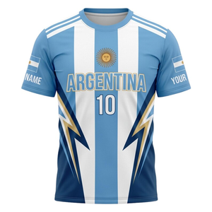 Maglia da Calcio Argentina La Albiceleste Numero 10 Messi Personalizzabile, Maglietta a Righe Celeste e Bianca con Sole di Maggio e Fulmine - Product Image 1