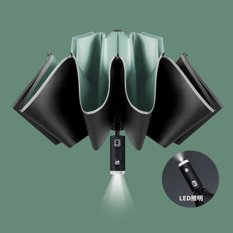 Paraguas con mango LED estándar, 10 varillas, luz inversa verde.