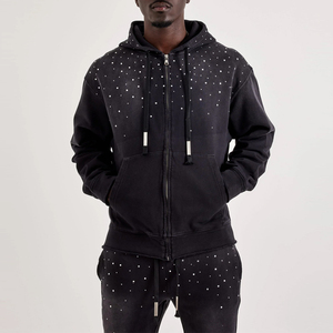 Survêtement d'hiver décontracté pour homme, coupe-vent, à capuche, avec strass, couleur personnalisée OEM, 100 % coton, style streetwear - Product Image 2
