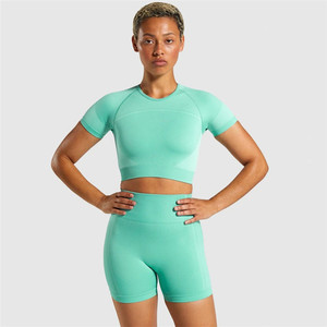 Ladies fashion short-sleeve workout clothes two pieces logo seamless yoga sports suit plain new set private Brand sets - Product Image 3