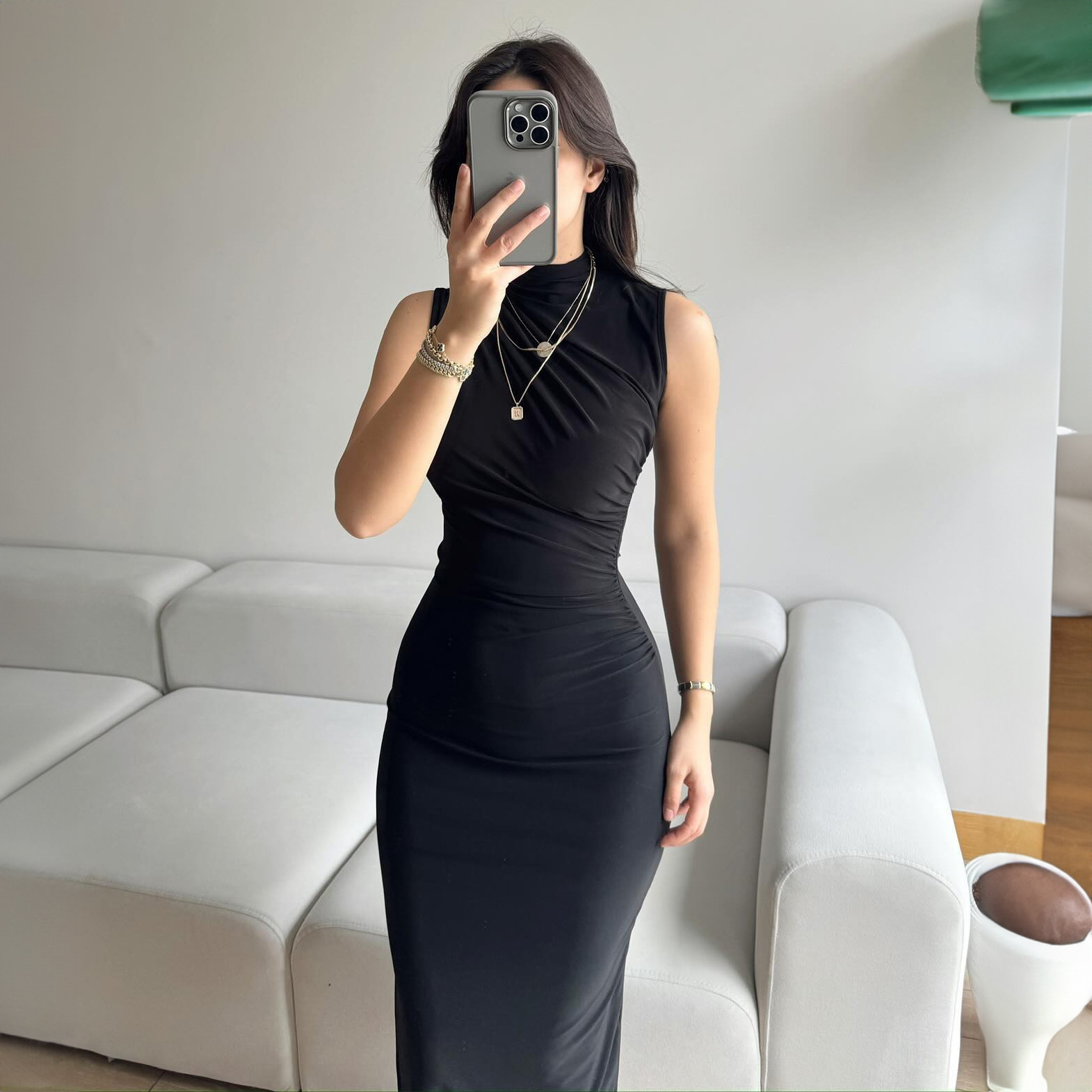 Women's Lace Sleeve Summer Dress - Crew Neck, Elastic Waist With Pockets Knee Length - View #5